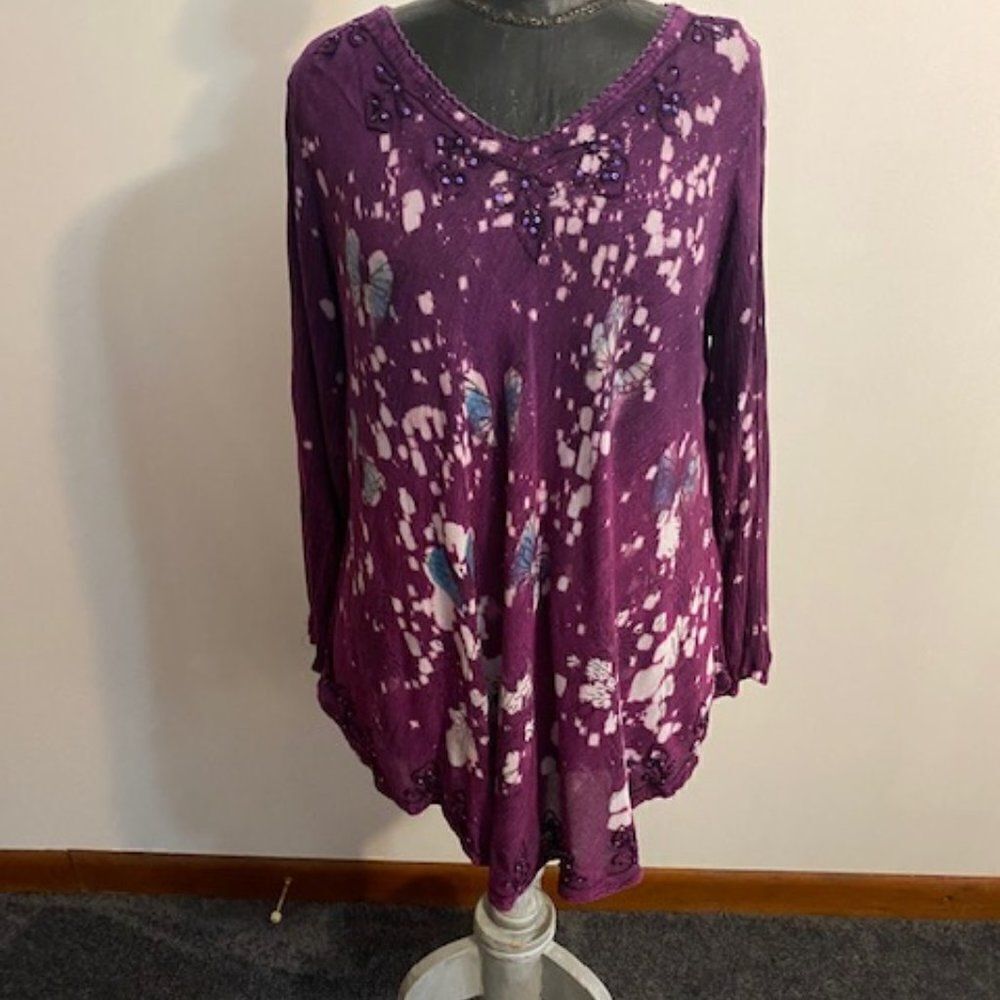 Greater Good Butterfly Purple Periwinkle Blue Tye Die Beaded tunic, size L/XL